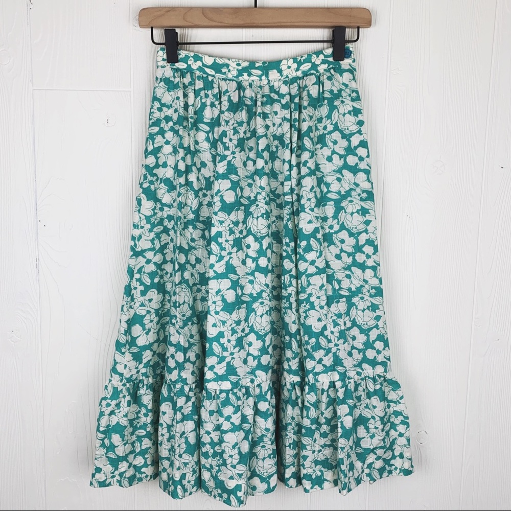 Vintage Floral Teal White Ruffle Hem Midi Skirt